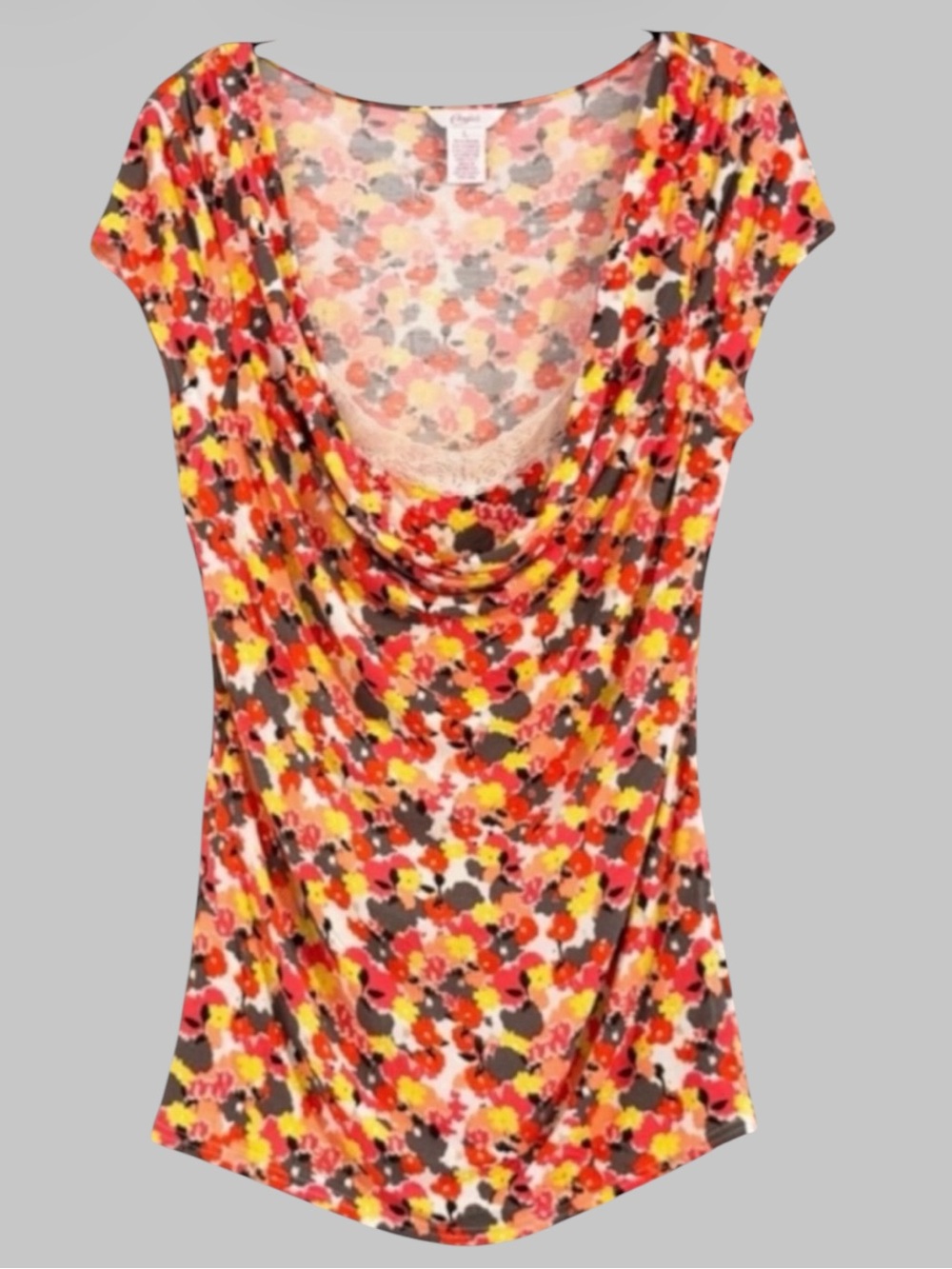 Candie's Floral Cowl Neck Lace Trim Top Size L